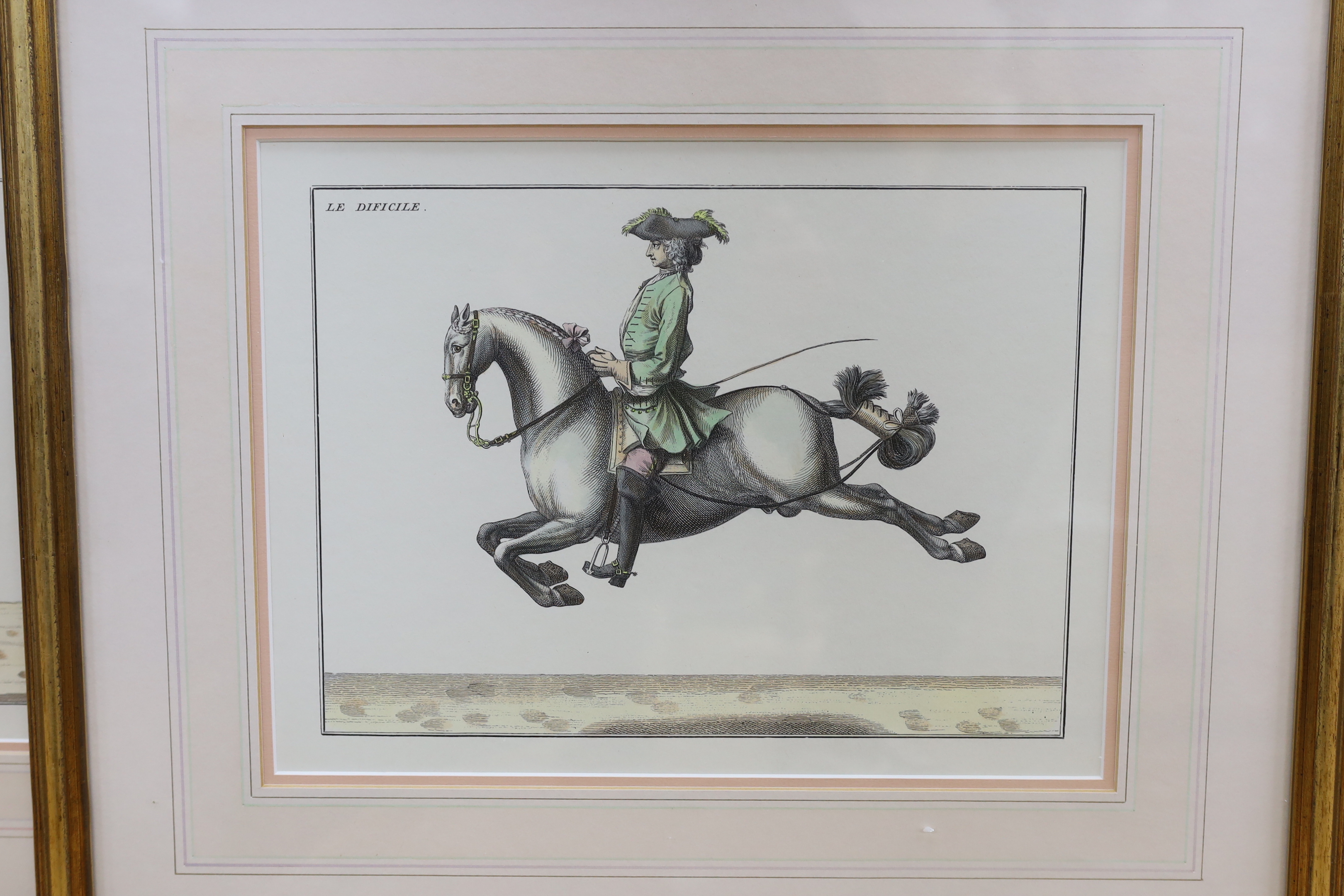 After Baron Eisenberg (German, 1695-1770), set of six coloured equestrian engravings, including Le Sage, Le Rubis and Le Modeste, each 25 x 32cm